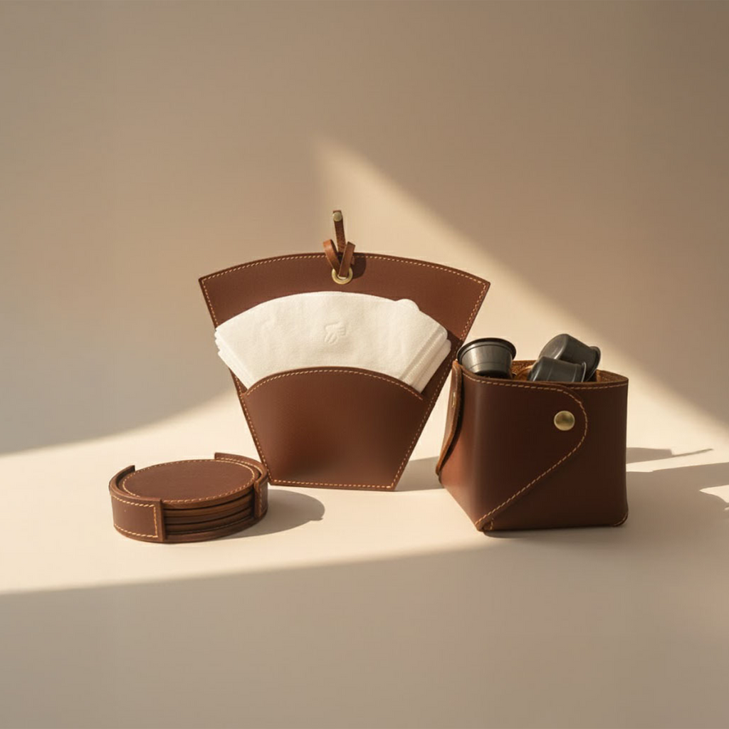 Handmade leather coffee gift set with filter holder, coasters and capsule holder.
